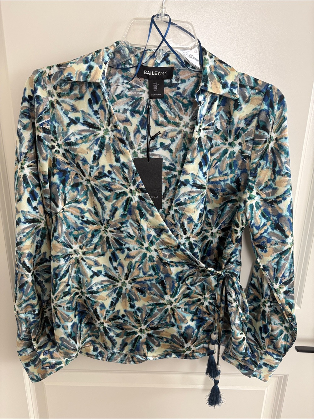Bailey 44 Teal, Navy & Beige Floral Wrap Blouse